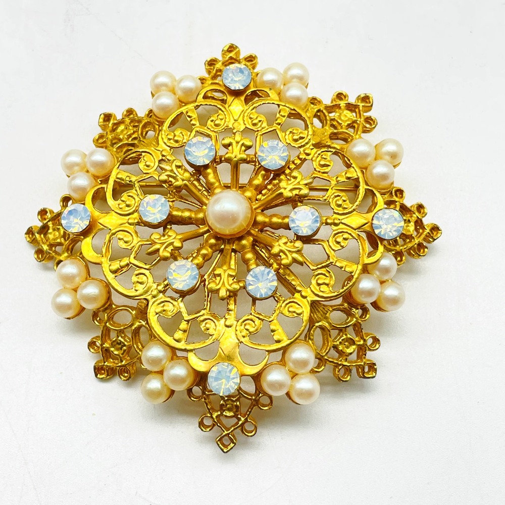 Gold Tone Filigree Brooch Faux Pearl Clear Rhinestone Ornate Floral Statement